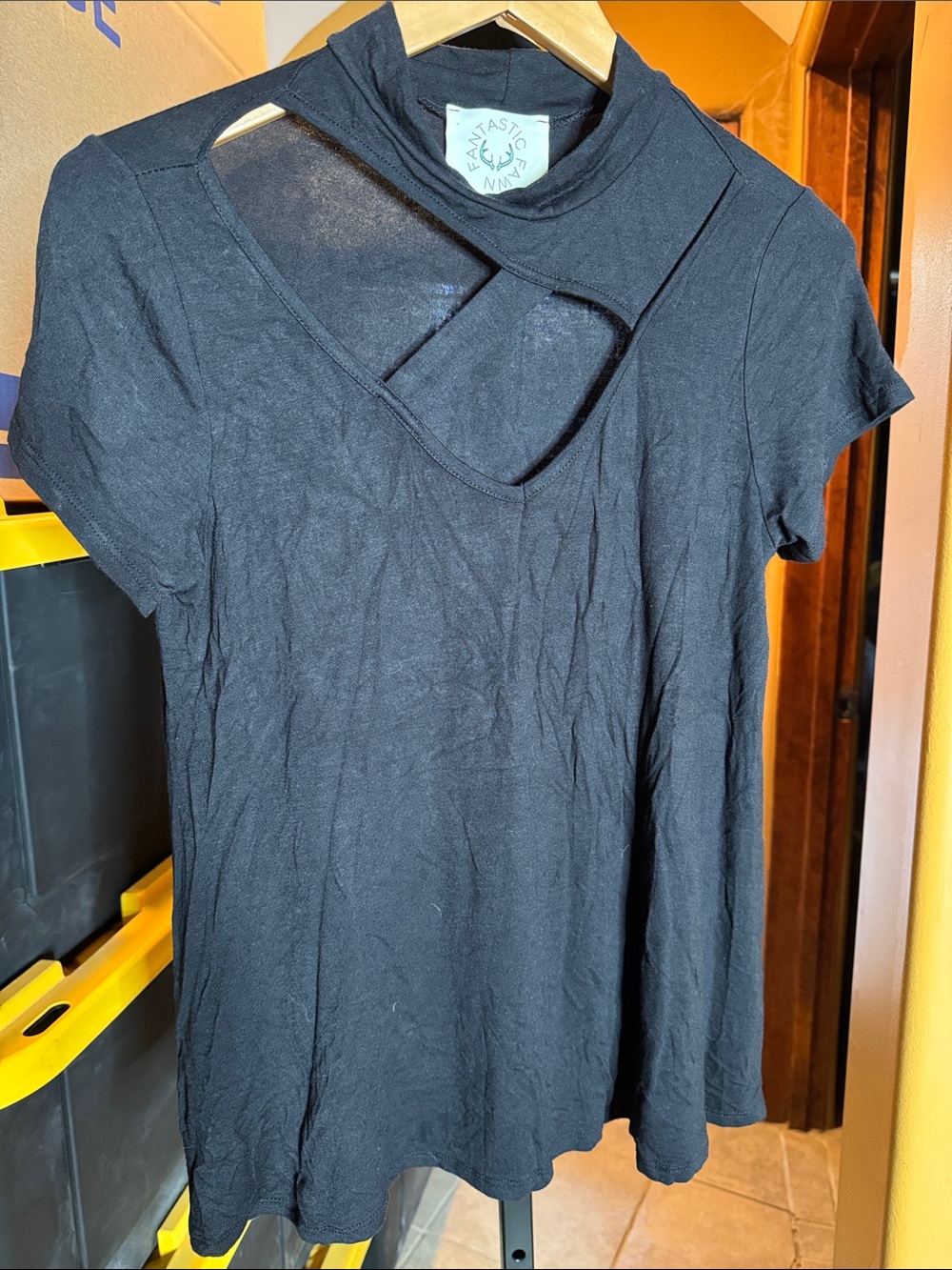 Fantastic Fawn Black Criss Cross Cutout Mock Neck Top Size Small
